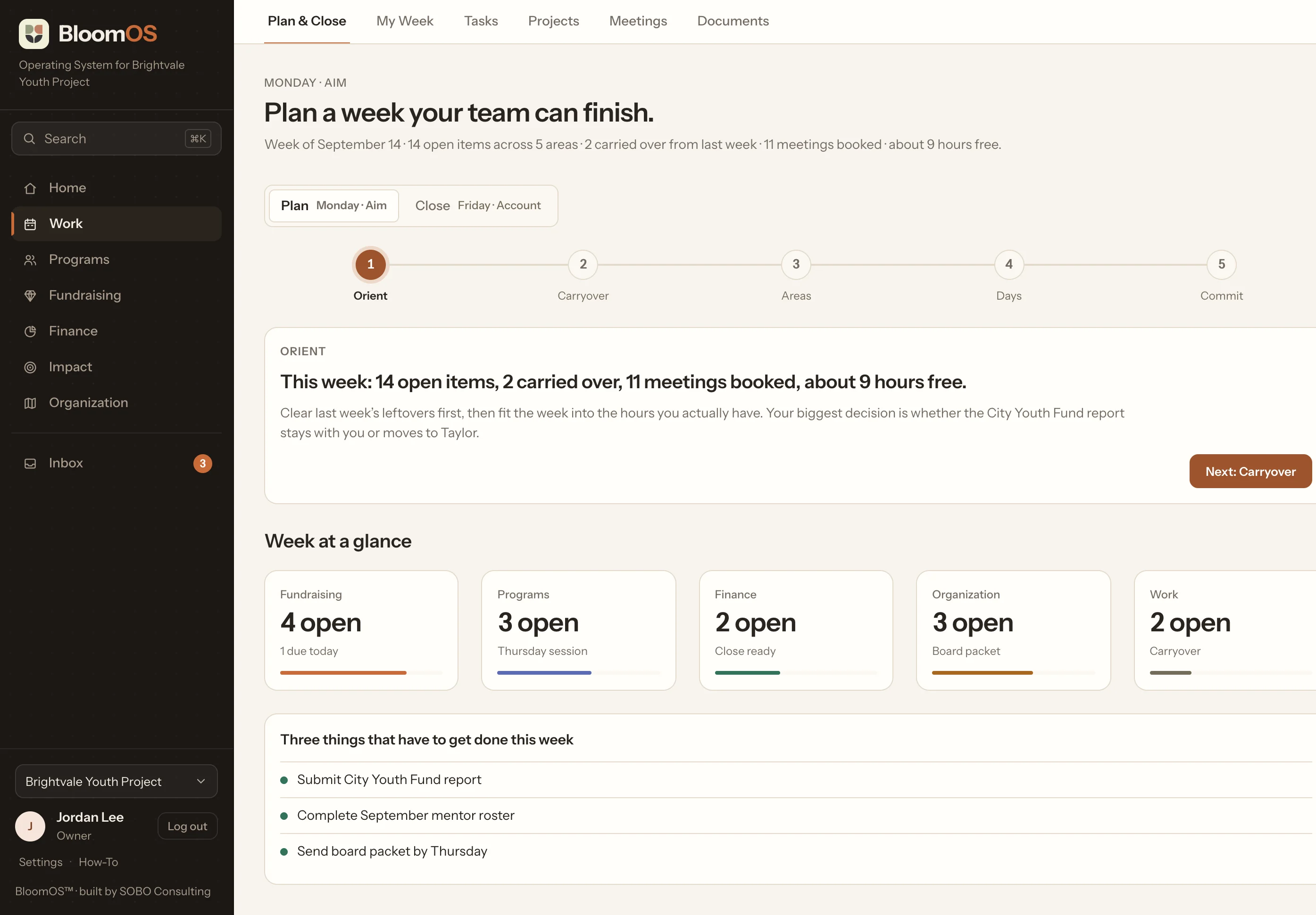 The BloomOS weekly planning screen, showing the five-step Monday plan and the week across five areas