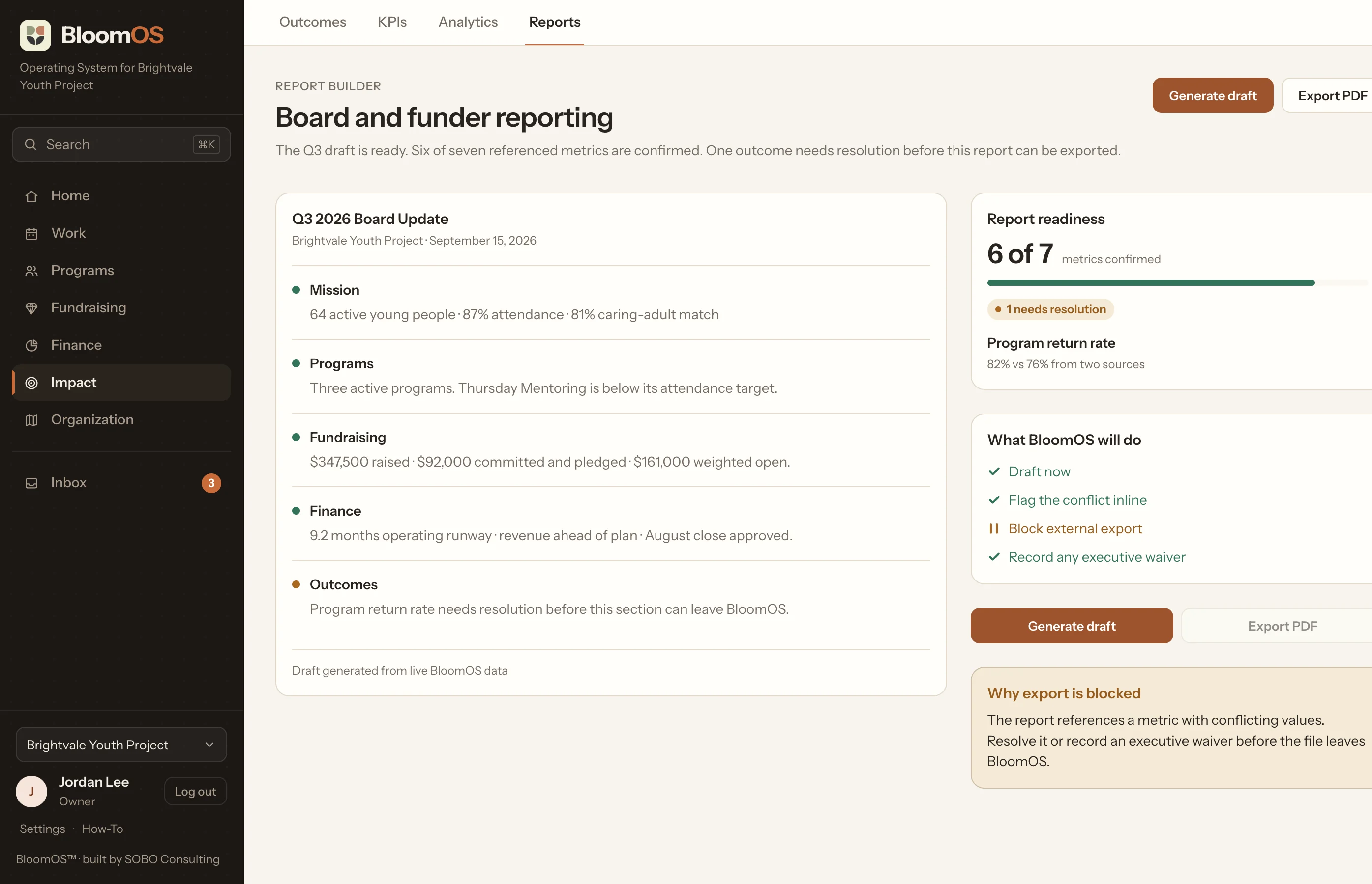 The BloomOS reporting screen, showing a board update with six of seven numbers confirmed and the export held back