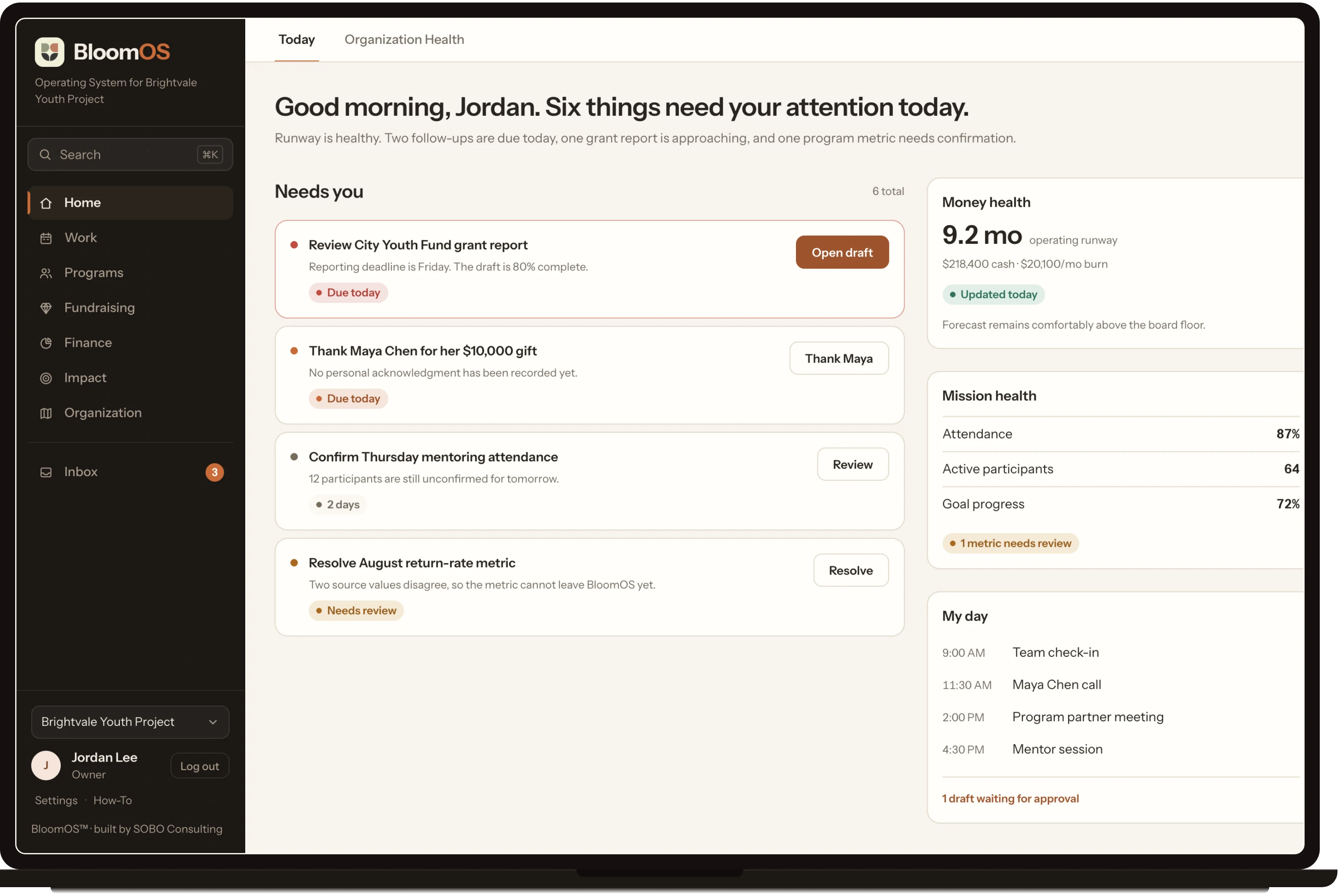 The BloomOS Today screen on a laptop: six things that need attention, money health, mission health, and the day's schedule